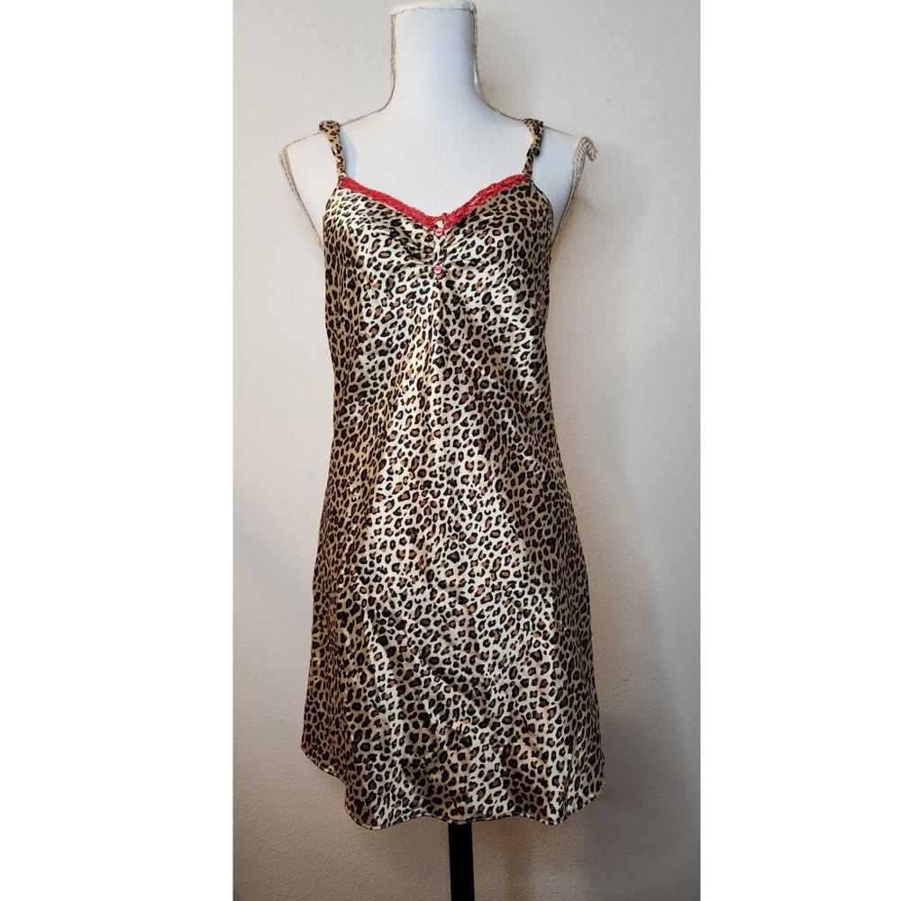 Kathryn Womens Medium Cheetah Satin Lingerie Slip Dress Vintage Lace Detail